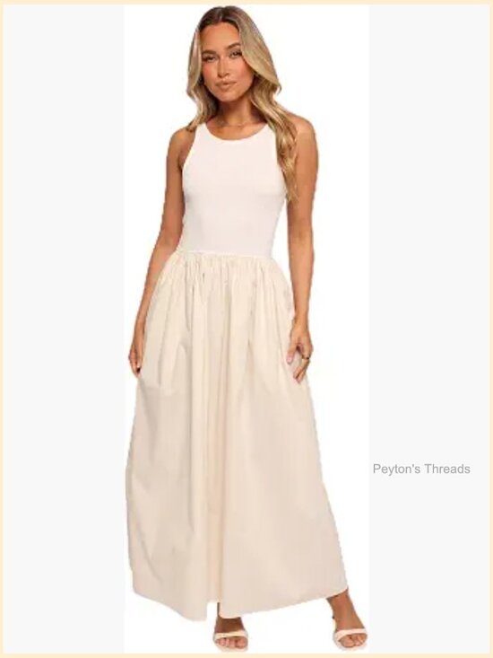 Dresses & Skirts - Midi Dress with Elastic Waist, Cotton Blend, Tank Style, Round Neck